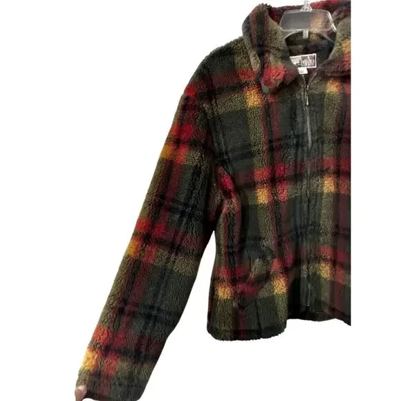 3235) Vintage Braetan Micro Velour Fleece Plaid Zip Front Berber Coat Large - Picture 3 of 11